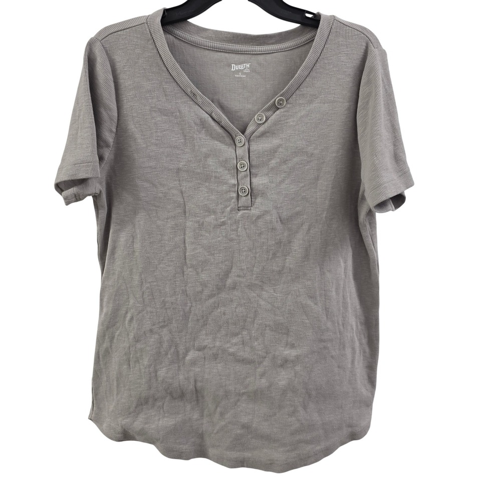 Duluth Trading Co Womens Taupe Gray Ribbed Short Sleeve Henley Top Large